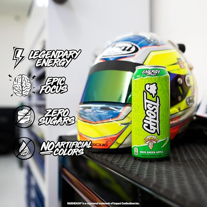 GHOST Energy Drink - 12-Pack, Warheads Sour Green Apple, 16oz - Energy & Focus & No Artificial Colors - 200mg of Natural Caffeine, L-Carnitine & Taurine - Gluten-Free & Vegan