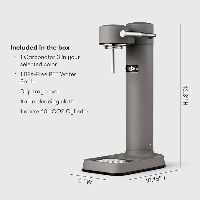 Aarke Carbonator lll with CO2 Cylinder, Sparkling & Carbonation Water Machine, Stainless Steel with PET BPA-Free Reusable Bottle Volume 1L/34 fl oz (Matte Grey)