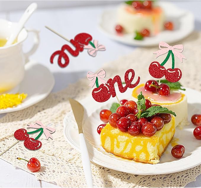24 Pack Cherry 1st Birthday Cupcake Toppers, Glitter Cherry First Birthday Cake Pick for Fruits Theme One Birthday Party Cake Decorations Supplies (One)