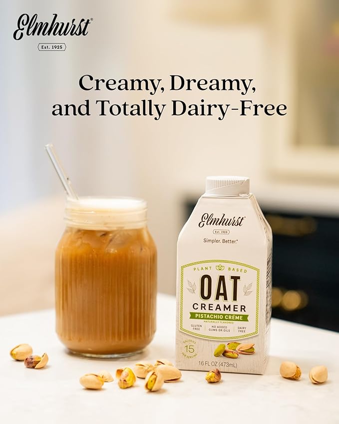 Elmhurst 1925 Pistachio Crème Oat Creamer - 16 Ounce (Pack of 6) Dairy-Free, Vegan, Kosher, Low Sugar, Shelf Stable Creamer Made with Oat Grains & Pistachios for Simpler Plant Based Alternatives