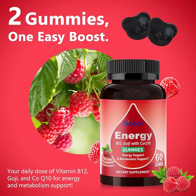 Natural Energy Gummies with Vitamin B12, Goji, CoQ10, Energy Support & Metabolism Support Chewable Supplement,GMO Free, Gluten Free(Raspberry, 120 Count)