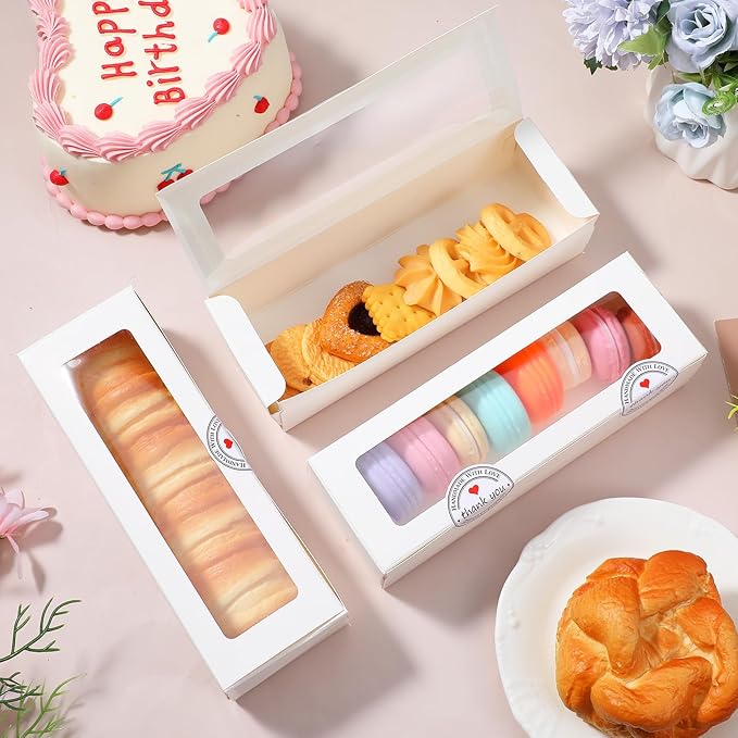 100 Pack White Macaron Boxes with Clear Window, Pastry Boxes with 100 Pcs Stickers, Packaging for 6-10 Macarons, Cookies, Truffles, Wedding DIY Gift Giving, 8x3x2 Inches