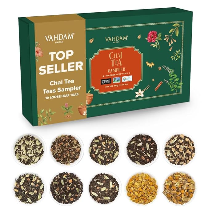 VAHDAM, Assorted Chai Tea Loose Leaf Tea Gift Set (10 Flavors) Gift Ideas for Women & Men | Indian Exotic Chai Tea Blends | Resealable Ziplock Pouch | Gifts for Him/Her