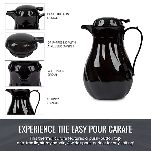 OCS Parts Easy Pour Thermal Coffee Carafe | 11-Inch Insulated Hot and Cold Beverage Pitcher Server for Coffee, Tea, Hot Chocolate and Water with Colored Tags for Easy Idenfication | 64-Ounce | Black