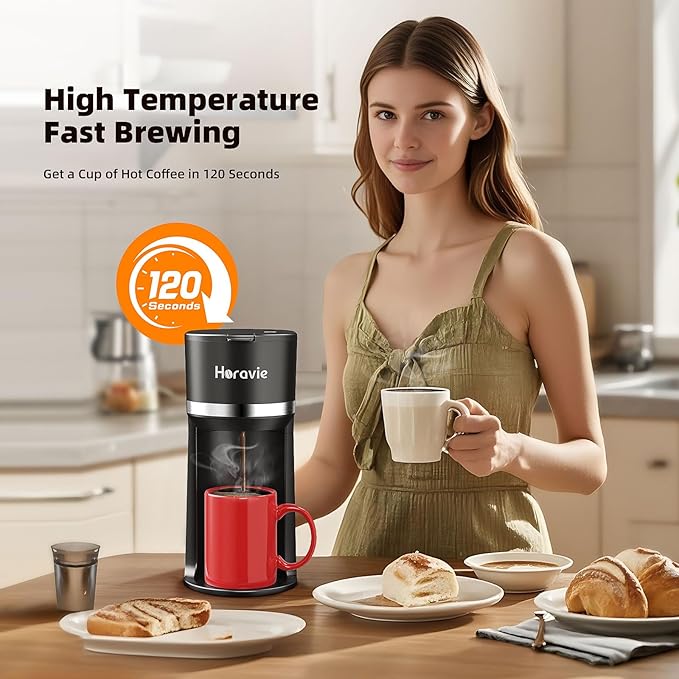 Mini Single Serve Coffee Maker for K Cup and Ground Coffee, Fast Brew One Cup Coffee Machine with Descaling Reminder and Water Window, 6 to 12 oz. Brew Sizes, Black
