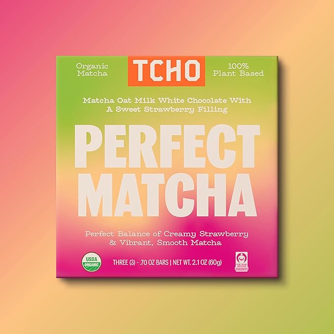 TCHO Perfect Matcha Chocolate Bar 5 Pack - Organic Oat Milk Chocolate with Matcha Shell and Strawberry Filling - Plant-Based Non-GMO Matcha Snacks