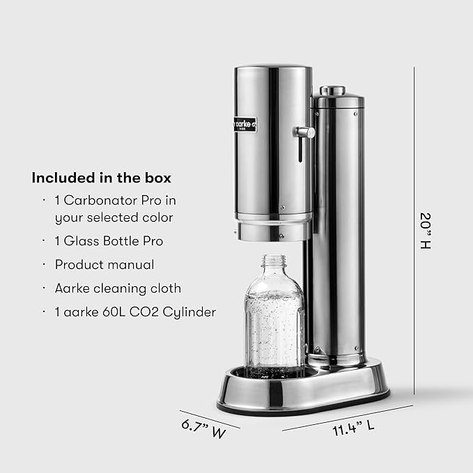 Aarke Carbonator Pro, Sparkling & Carbonation Water Machine, Stainless Steel with Glass Reusable Bottle Volume 800 mL/27 fl oz and CO2 Cylinder (Stainless)