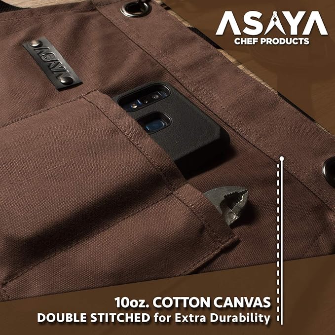 Asaya Chef and BBQ Apron with Bottle Opener and Hand Towel - 10oz Cotton Canvas, Stainless Steel Hardware - Cross Back Straps