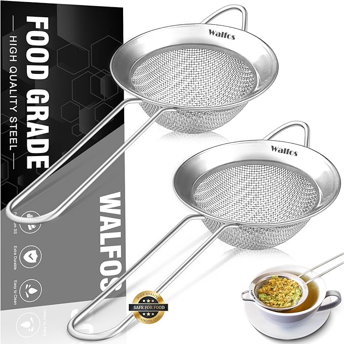 Walfos Small Fine Mesh Tea Strainer, Mini Stainless Steel Sieve with Handle, 2.8 Inch Kitchen Metal Sifter Strainers for Tea, Juicing, Coffee, Cocktail, Powdered Sugar, Matcha (2 Pack)