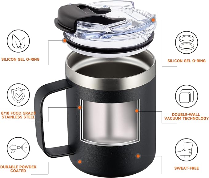 ALOUFEA 12oz Insulated Coffee Mug Cup with Handle, Stainless Steel Travel Coffee Mug with Flip Lid, Double Wall Vacuum Coffee Tumbler, Cream