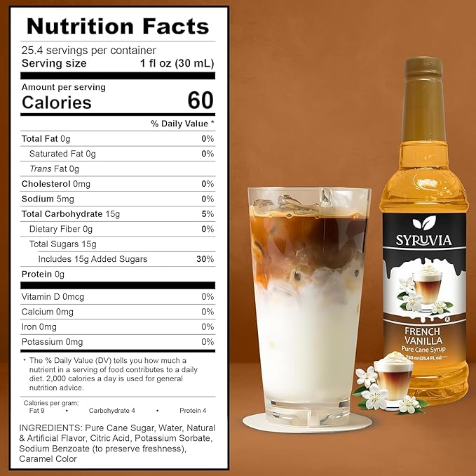 Syruvia French Vanilla Coffee Syrup - 25.4 fl oz. Premium Coffee Flavoring Syrup. Kosher, and Gluten-Free. Perfect for enhancing drinks, sodas, shakes, desserts, and more.