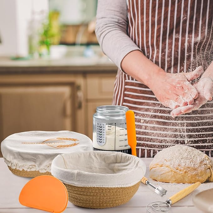 Cotton Rope Banneton Bread Proofing Basket Set - Includes handmade oval and round bread baskets with liners and covers. Ideal for sourdough bread baking supplies and starters