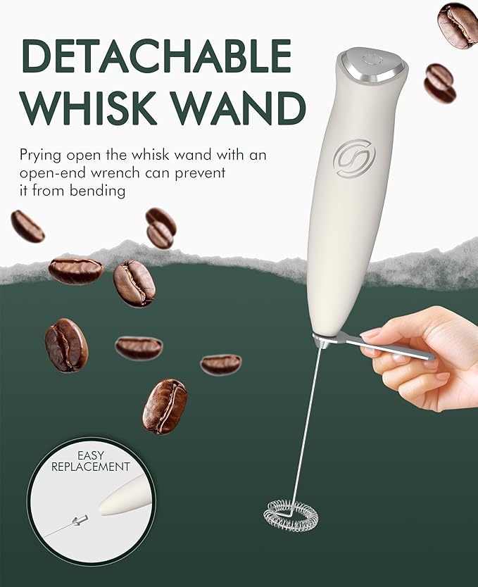 Milk Frother Handheld Frother Wand Drink Mixer Handheld Coffee Stirrers Electric Frother for Coffee Mixer Wand with 2 Whisk frother for protein powder coffee frother handheld-White