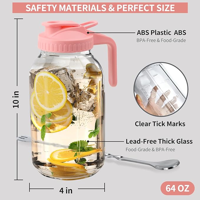 64oz Glass Pitcher with Lid &Pour Spout - 2 Quart Breastmilk Pitcher Double Leak Proof, Creamer Container for Sun Tea, Juice, Cold Brew Coffee, Breastmilk Storage Container -Pink Lid
