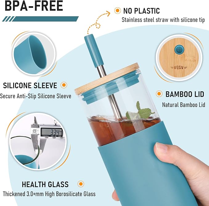 1Pack Glass Tumbler w/Lid & Straw - 24oz Reusable Glass Mug/Bamboo Lid & Stainless Steel Straw-BPA-Free, Leak-Proof, Dishwash Safe for Coffee, Smoothies, Hot Beverages, Travel, Office, Home Use