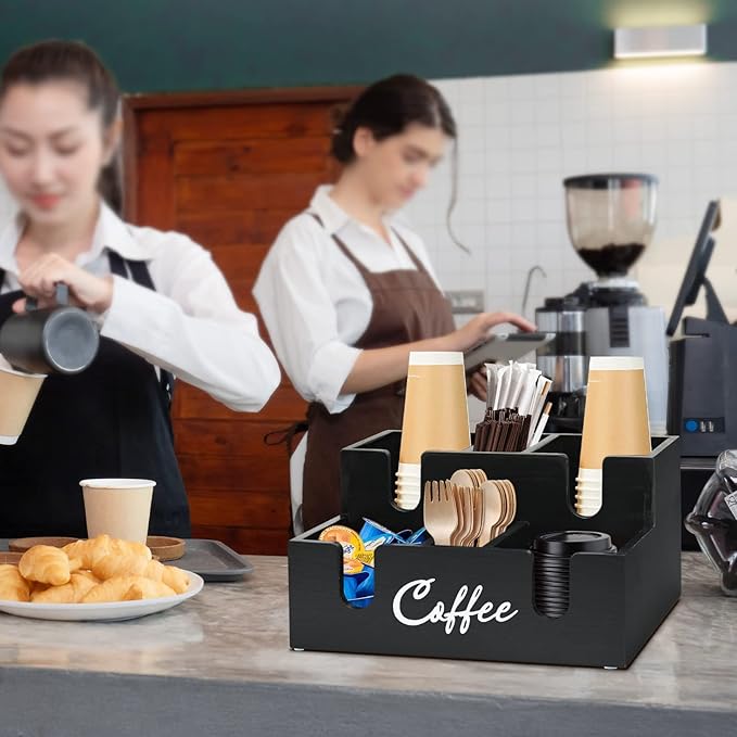 Disposable Coffee Cup Dispenser Lid Holder for Counter, Wood 6 Compartments Coffee Station Organizer for Cup Lid Sleeve Pods Condiment, Paper Cup Dispenser Coffee Bar Accessories Storage Organizer