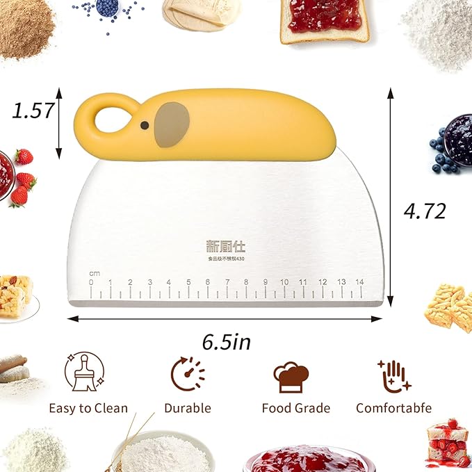 Bench Scraper for Bread, Stainless Steel Dough Cutter and Scraper Double Sided Scale Metal Food Scraper Chopper Kitchen Baking Tool for Cake Pastry, with Plastic Grip