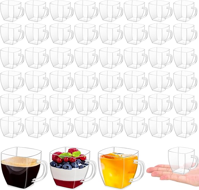 Amyhill 50 Pcs Disposable Tea Cups Mini Plastic Tea Cup Bulk with Handle Hard Plastic Coffee Mug Disposable Square Espresso Mug for Party Catering (Transparent)