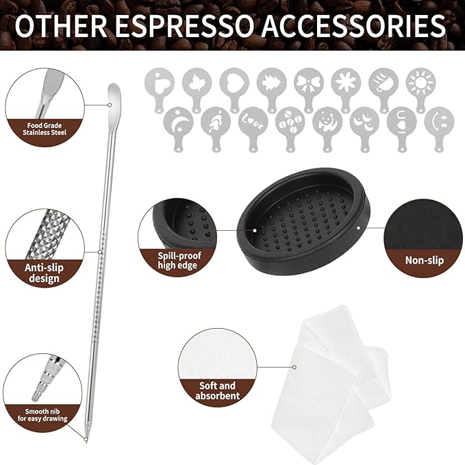 Gmnuiy51mm Coffee Tamper Set 24PCS, Espresso Accessories Kit Barista Kit,316stainlesss Tamper & WDT Tool,316stainlesss Frothing Pitcher, Stirrer, Tamper Mat, Latte Art Pen Coffee puck screen (brown)