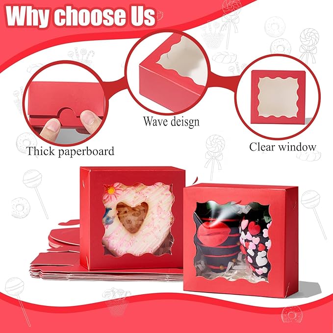 SLShePack 3.2x3.2x1.5 Inches 100PCS Chocolate Truffle Boxes Mini Bakery Boxes with Window for Cookies,Soap,Donut, Macaron,Brownie(Red)