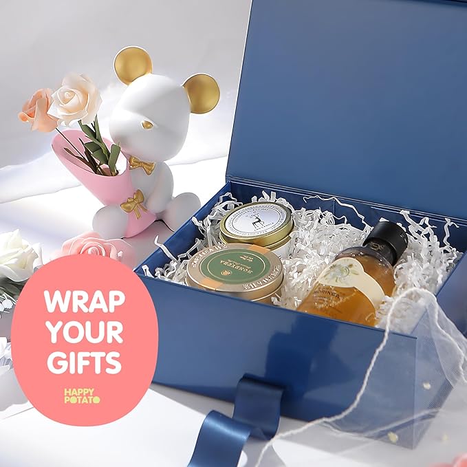 HAPPY POTATO 5 Gift Boxes with Ribbon 9x6.5x3.8 Inches, Blue Gift Boxes with Lids, Groomsmen Proposal Boxes, Magnetic Gift Boxes for Presents (Glossy Blue, Pack of 5)
