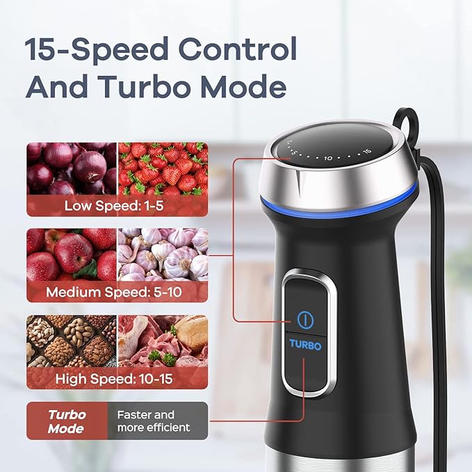 Ganiza 8 in 1 Immersion Blender - 1000W Heavy Duty Motor, 16 Speed Mode Handheld Blender With Stainless Steel Shaft - Includes 8 Total Pieces