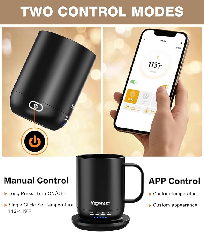 Heated Coffee Mug T1-14oz Fast Heating & Longer Battery Life Self Heating Coffee Mug Hot to 149℉ - Touch & App Controlled Mug Coffee and Hot Beverage Warmer, Gifts for Women and Men
