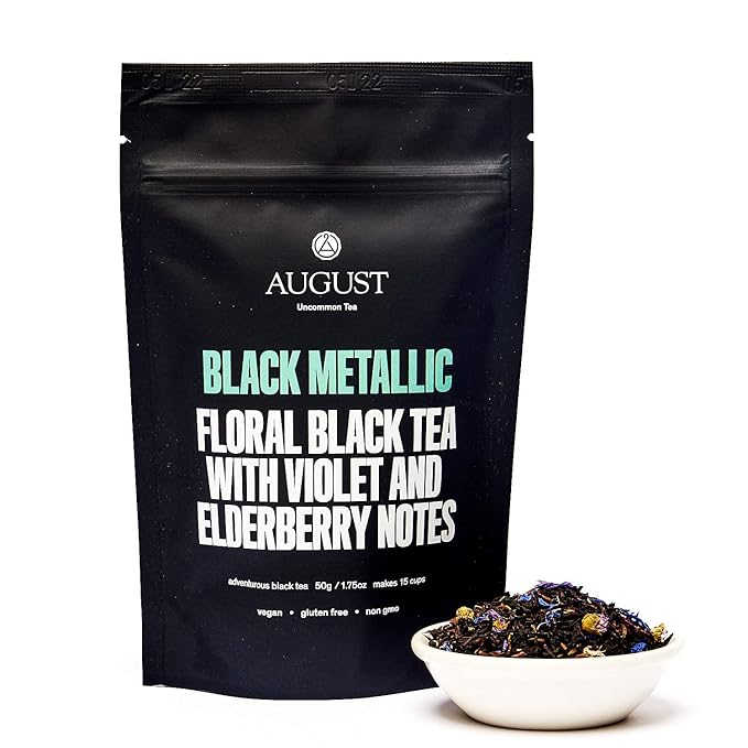 August Uncommon Black Metallic – Violet and Elderberry Tea Black – Lush Blend with Dark Berry and Floral Notes – Loose Leaf Tea Caffeinated for Daily Enjoyment in a Resealable Pouch (1.75oz)