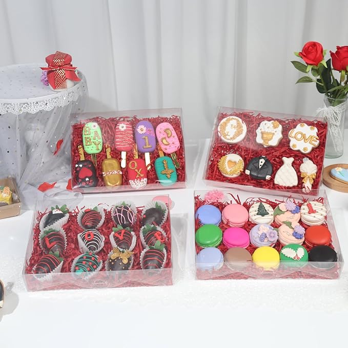 RomanticBaking 20PCS 10x7x2 inches Clear Strawberry Boxes Cookie Boxes Bakery Boxes Macaron Boxes Gift Boxes Treat Boxes for Party Favors
