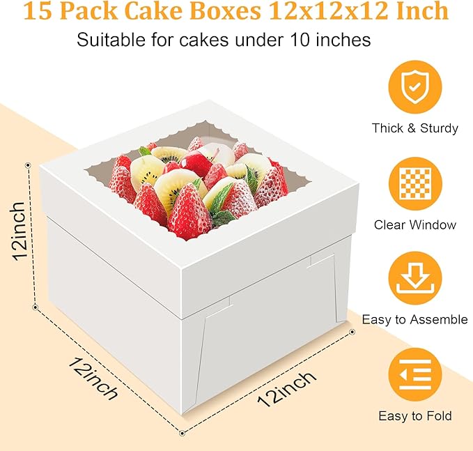 15 PCS Cake Boxes 12 Inch, 12x12x12 Tall Cake Box, 12 Inch Cake Box with Window, White Bakery Boxes, Large Baking Boxes, Cajas Para Pasteles, 12x12 Cake Boxes for Birthday, Wedding, Party, Business