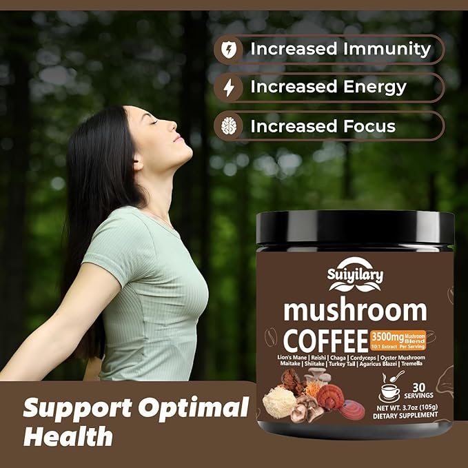 10 Mushroom Coffee with Arabica w, Lion's Mane, Reishi, Mushroom Polysaccharides & More, 3500mg(10:1) Extract Instant Mushrooms Powder for Focus, Immunity Boost