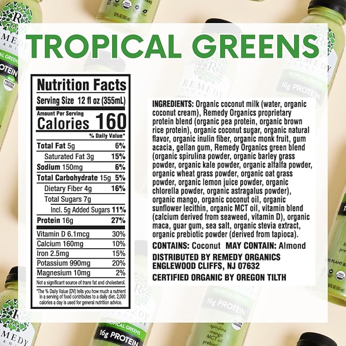 Remedy Organics Tropical Greens 12-Pack | Plant Based 16g Protein Shakes, Ready to Drink | USDA Organic, Gluten Free, Dairy Free, Soy Free