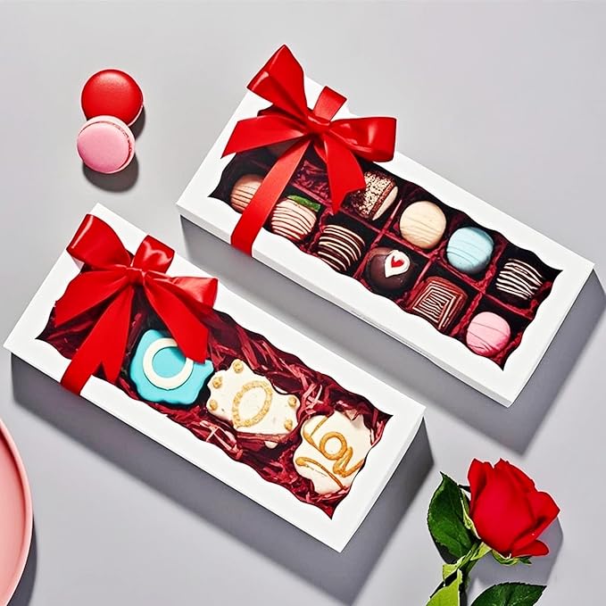 15PCS 12x5x1.5 Inch White Cookies Boxes with Window Bakery Boxes for Macaron,Cakesickle,Chocolate Truffle,Donut &Treat Boxes for Christmas Valentine's Easter Mother's Day