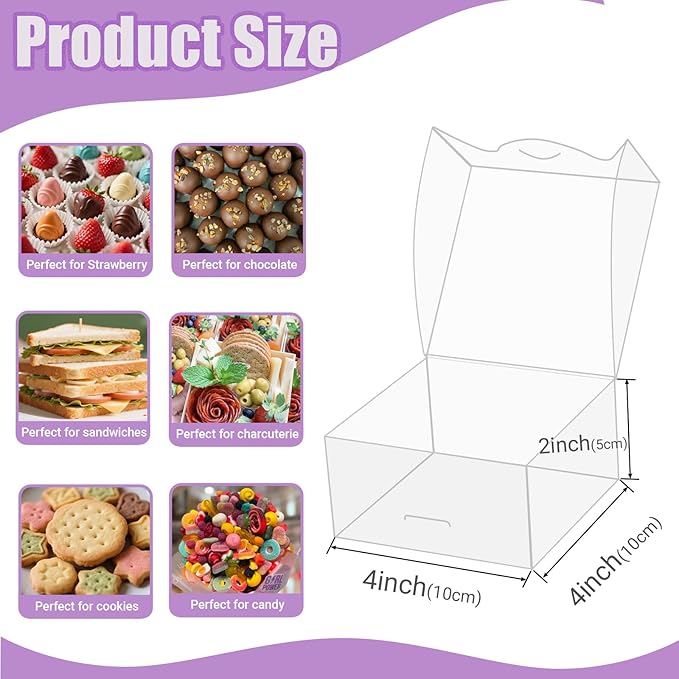 40pcs 4x4x2 Inch Clear Bakery Gift Boxes - For Pastry, Cookies, Chocolate & Wedding Party Favors