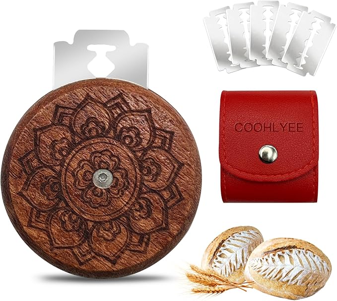 Bread Lame Sourdough Scoring Tool,Wooden Lame Bread Scoring Tool with 5 Razor Blades and Leather Storage Cover,UFO Bread Lame Dough Scoring Tool for Bread Baking