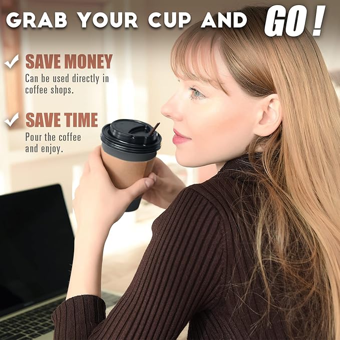 【100 Pack - 12 oz Disposable Coffee Cups To Go with Lids Sleeves and Straws 100% Biodegradable & Compostable Pla Eco Friendly Paper Coffee Cups for Tea Coffee Hot Chocolate