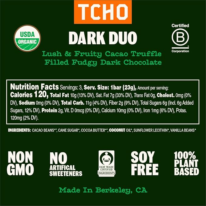 TCHO Dark Duo Dark Chocolate Bars (3 pack) | Single Origin, Plant Based, Organic & Fair Trade, | Non GMO, Non-Dairy, Vegan, Soy Free (2.5oz each)