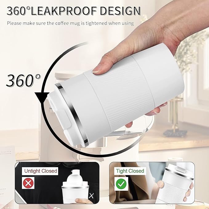 YINBAOGE Insulated Travel Coffee Mug Spill Proof Leak Proof Pobtable To Go Camping Stainless Steel Coffee Tumbler Reusable Coffee Cups with Lids Thermos for Hot and Cold Drink (White, 17 OZ)