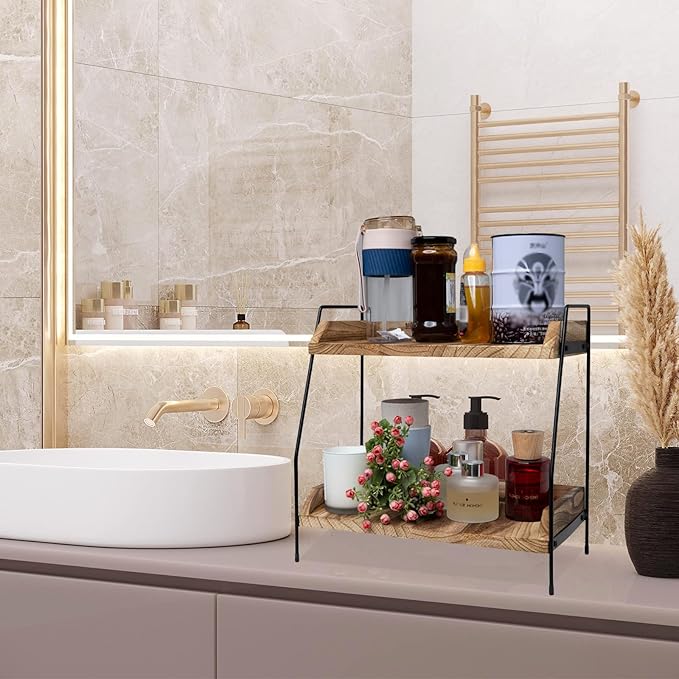 Coffee Bar Accessories and Organizer, Coffee Station Organizer 2 Tier Bathroom Counter Organizer, Wood Coffee Tray, Bathroom Vanity Organizer, Countertop Shelf for Kitchen, Coffee Lover