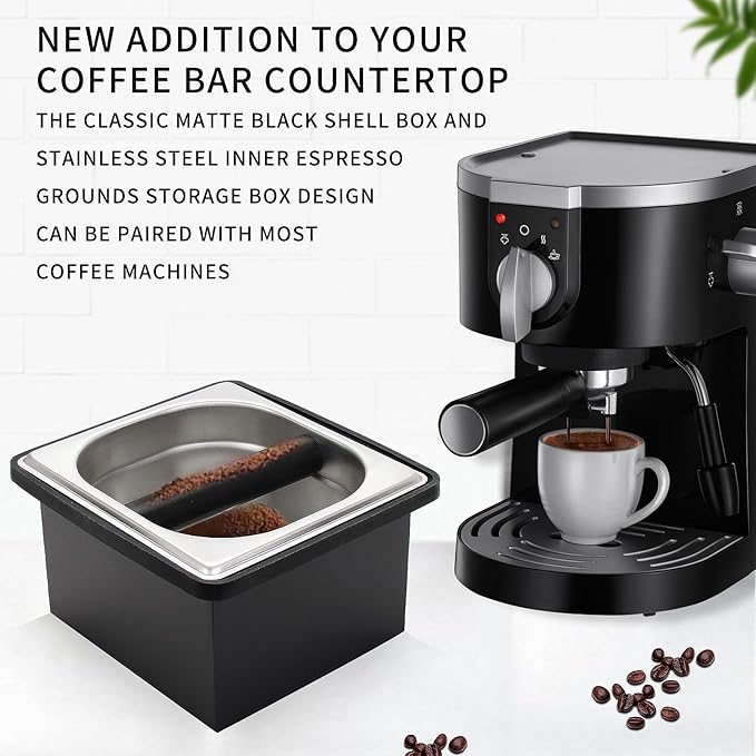 Espresso Knock Box,Stainless Steel Coffee Pucks Container, with Steel Holder and Noise Reduction Rubber Ring (7.28 x 6.8 x 4.25 inch)
