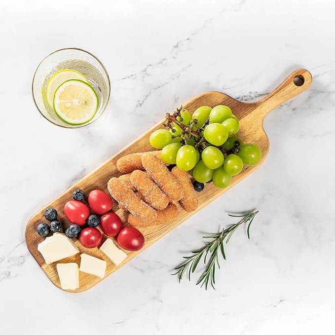 Wood Cutting Board with Handle, Long Acacia Serving Board Wooden Cheese Board Charcuterie Boards Wood Board for Food Bread Fruit 16.1x4.7x0.6 Inch