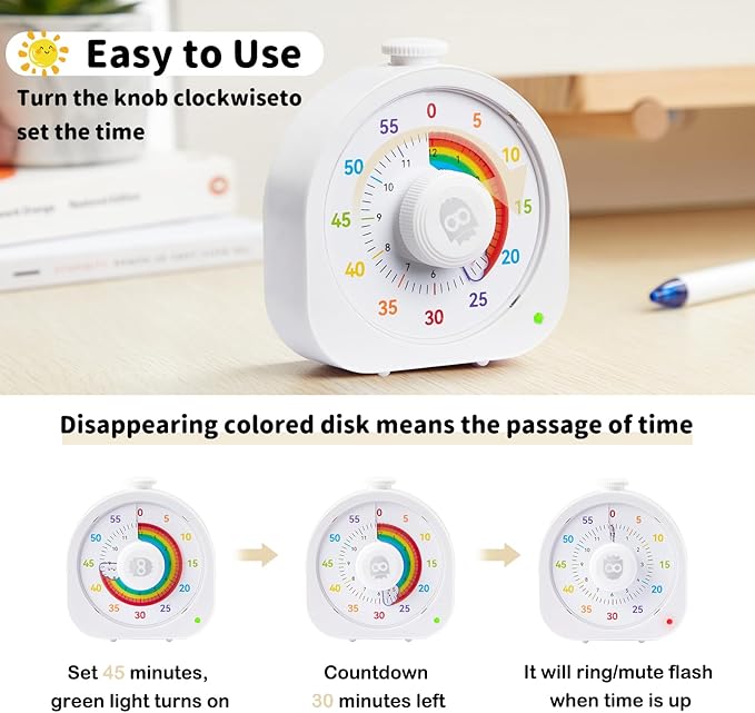 Visual Timer for Kids – 60min/12h Rainbow Magnetic Timer for Classroom, Rechargeable Silent Countdown Timer with Pomodoro Mode, ADHD Time Management Tool