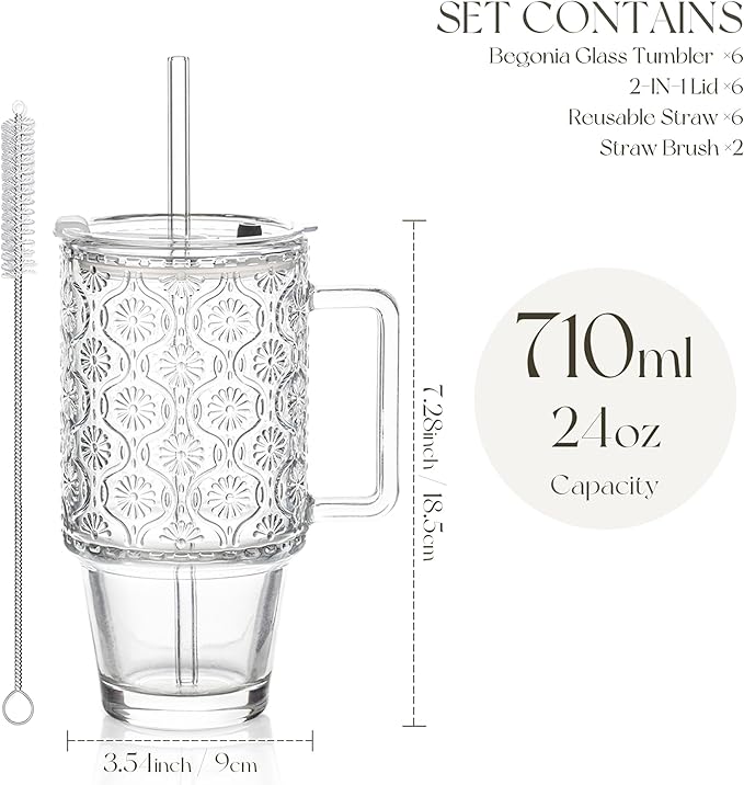 KEMORELA 6-Pack 24oz Glass Tumblers with Straws & Lids, Begonia Floral Iced Coffee Cups with Handles, Reusable Smoothie Glasses, Dishwasher Safe Cold Drinkware Set, BPA-Free Straws Included
