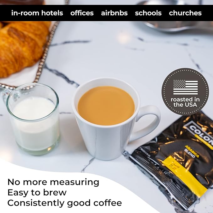 Colonial Coffee Roasters In-Room Hotel Ground Coffee Filter Portion Packs, Dark Roast, 0.50 Ounce (Pack of 50), Use with 4-Cup Drip Coffee Machine