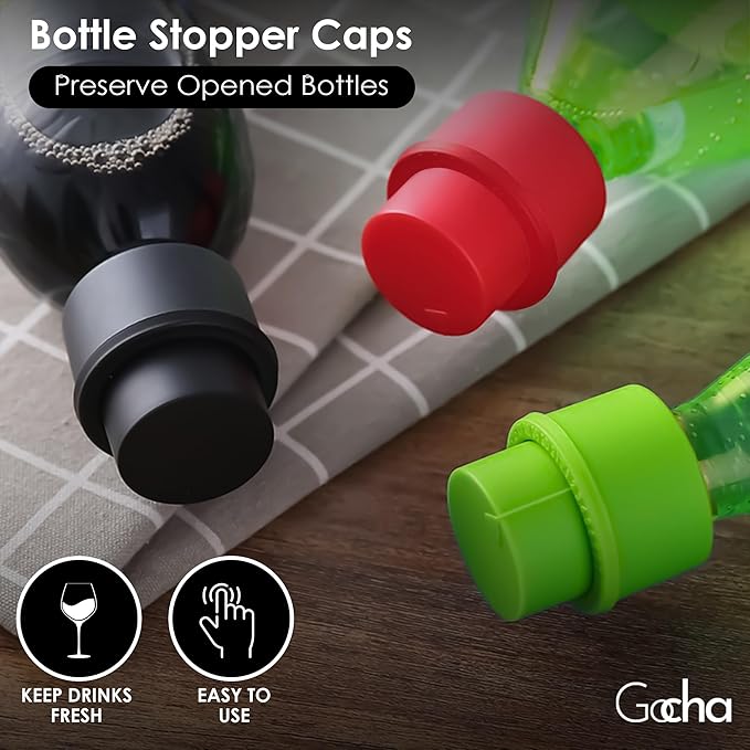 GOCHA | 2 PCS Vacuum Soda Bottle Stopper | Silicone Fizz Keeper | Carbonation Preserver for Soft Drinks & Beverages | Universal Leak-Proof Bottle Cap | (Black)