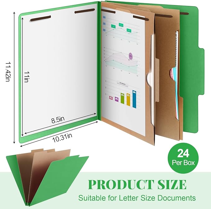 24 Pcs Classification Folders Letter Size, Back to School Supply for Teacher, Student, 2 Pocket Dividers Pressboard File Folder Bulk with 2 Fasteners, 2 in Expanding File Organizer (Green)