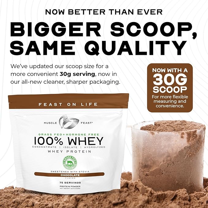 Muscle Feast 100% Grass Fed Whey Protein Powder, All Natural Hormone Free Paure Raised Whey Protein Powder for Women & Men- Whey Concentrate, Isolate & Hydrolyzed Protein Powder Blend- Unflavored, 2lb