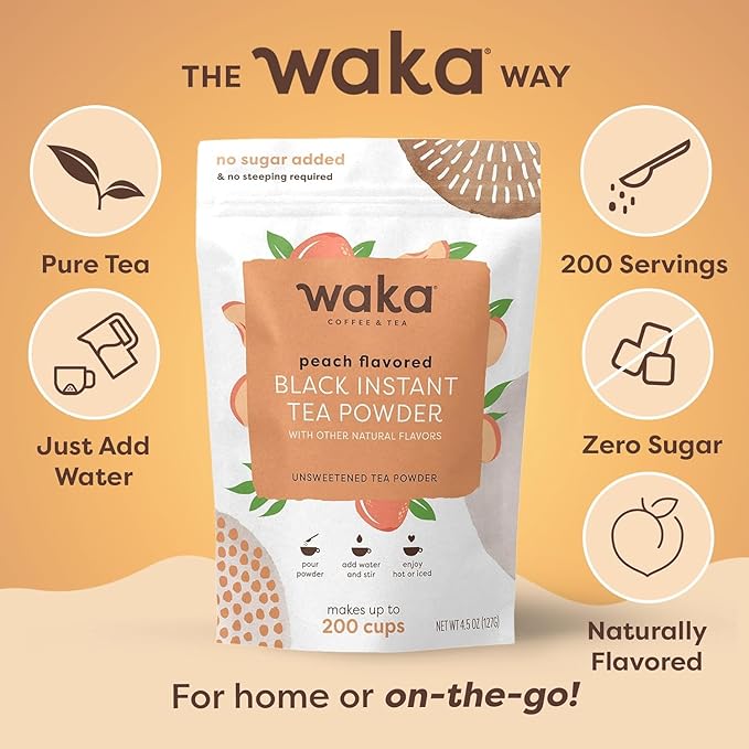 Waka Instant Black Tea Mix, Peach Flavored - 100% Tea Leaves, No Additives, Unsweetened Tea Powder for 50 Quarts or 200 Cups – Easy and Quick Hot or Iced Teas (4.5oz)