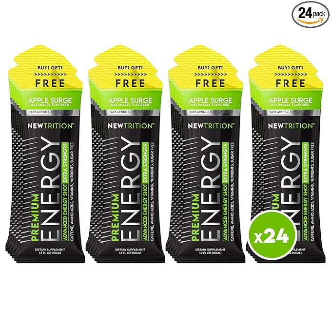 NewTrition® Extra Strength Energy Shots, 250mg Caffeine Energy Shots with Vitamin B & Amino Acids, Sugar-Free Vitamin Energy Shot, 1.7 fl oz (Pack of 24, Apple Surge)