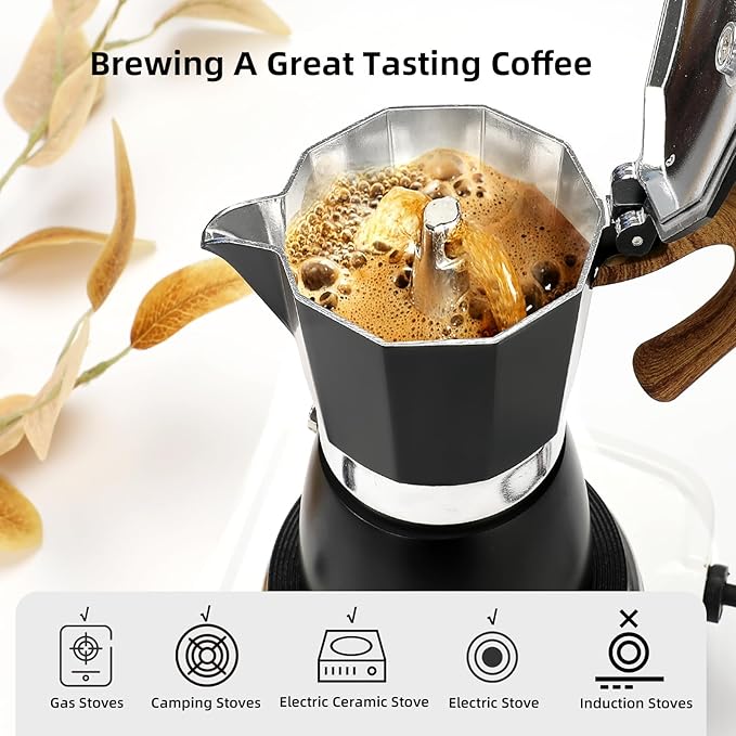 Stovetop Espresso Maker Moka Pot, Cuban Coffee Maker Stove top coffee maker Moka Italian Espresso Greca Coffee Maker Brewer Percolator, 9 Espresso Cups, 15 oz - Black